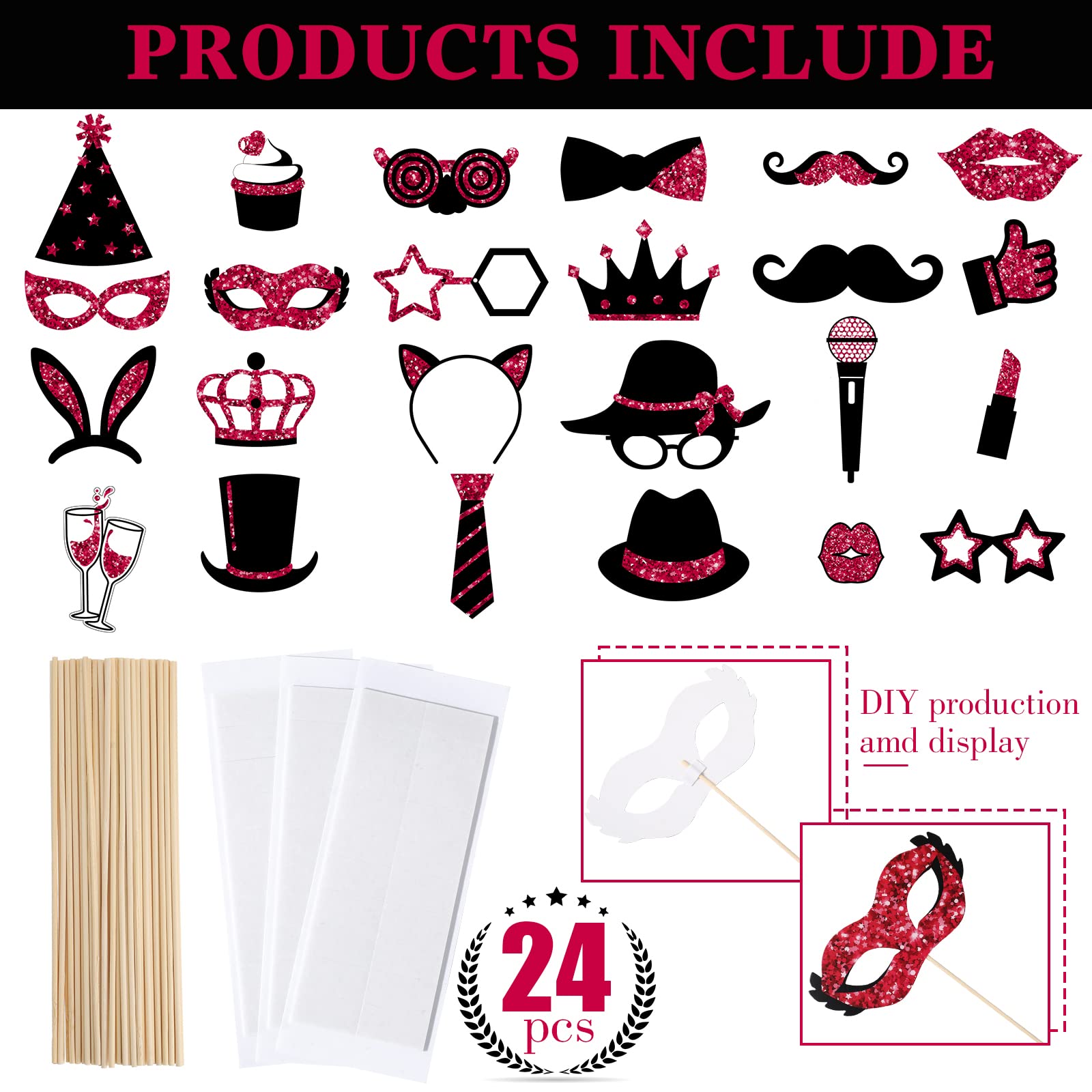 24 Pieces Funny Photo Booth Props For Birthday Weddings Party Supplies Prom Disco Mardi Gras Party Supplies Mix Of Hats, Lipstic